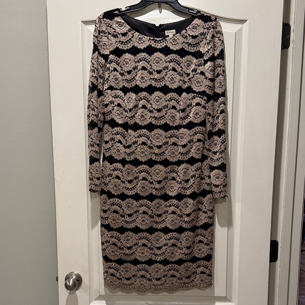 Daniel Cremieux Black and Gold Lace Long Sleeve Dress
